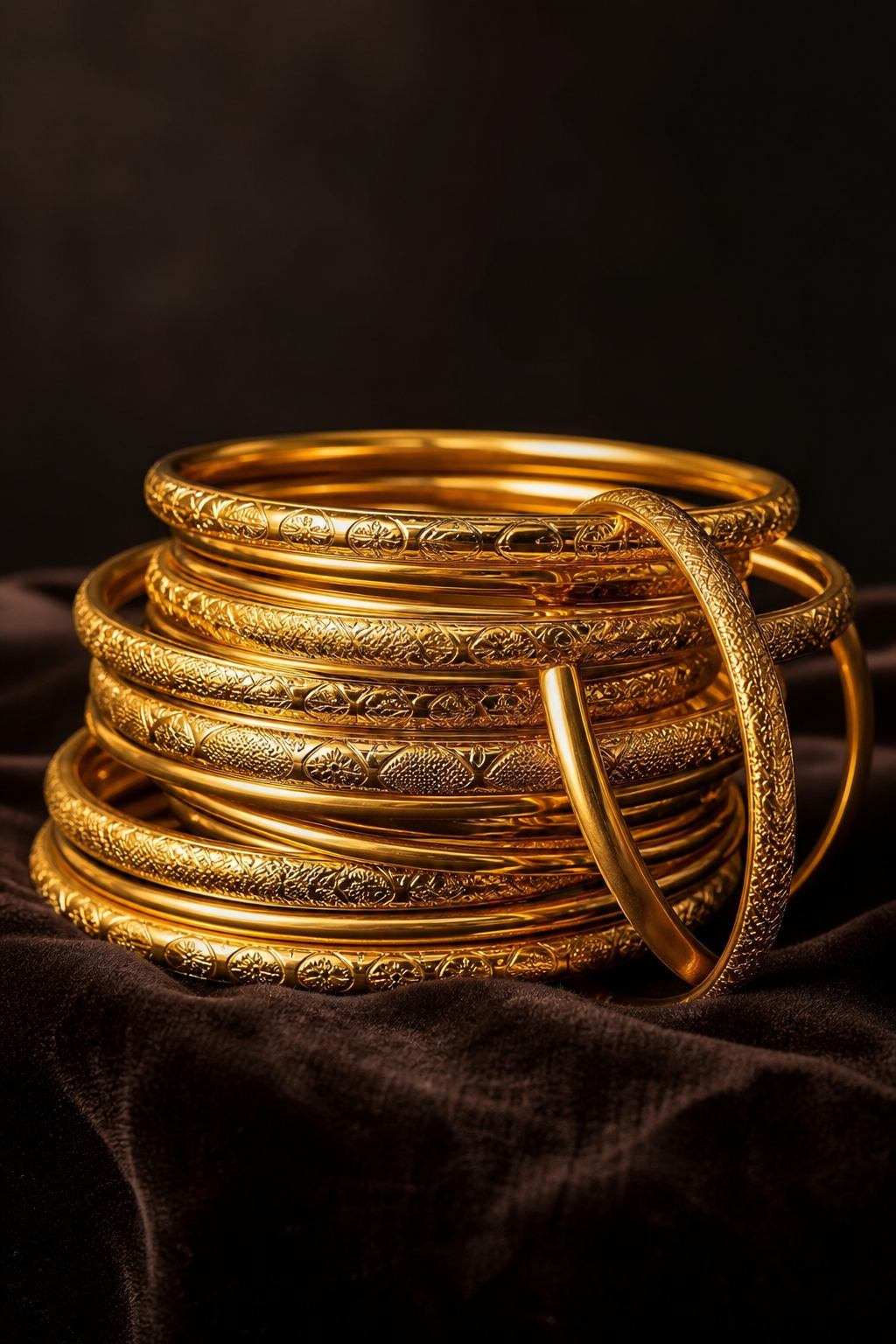 Stack of traditional 21K gold bangles (ghawayish) at Aryam's Jewelry, Arabic jewelry store in Houston TX