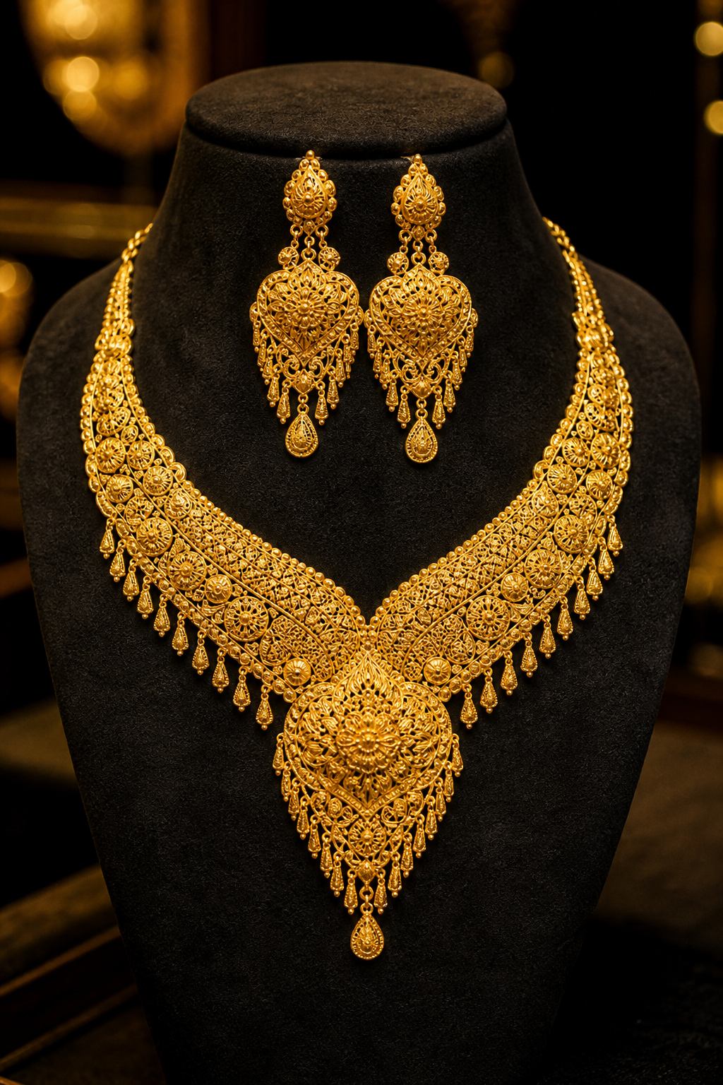21K gold bridal jewelry set with ornate necklace and earrings — Arabic wedding gold at Aryam's Jewelry Houston