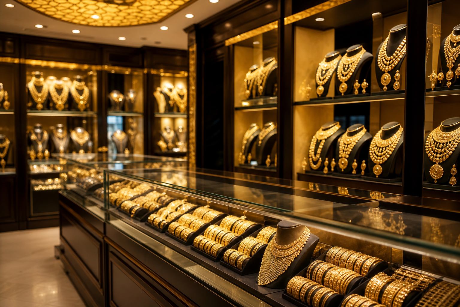 Illuminated showcases of 21K and 22K Arabic gold jewelry inside Aryam's Jewelry store in Houston, Texas