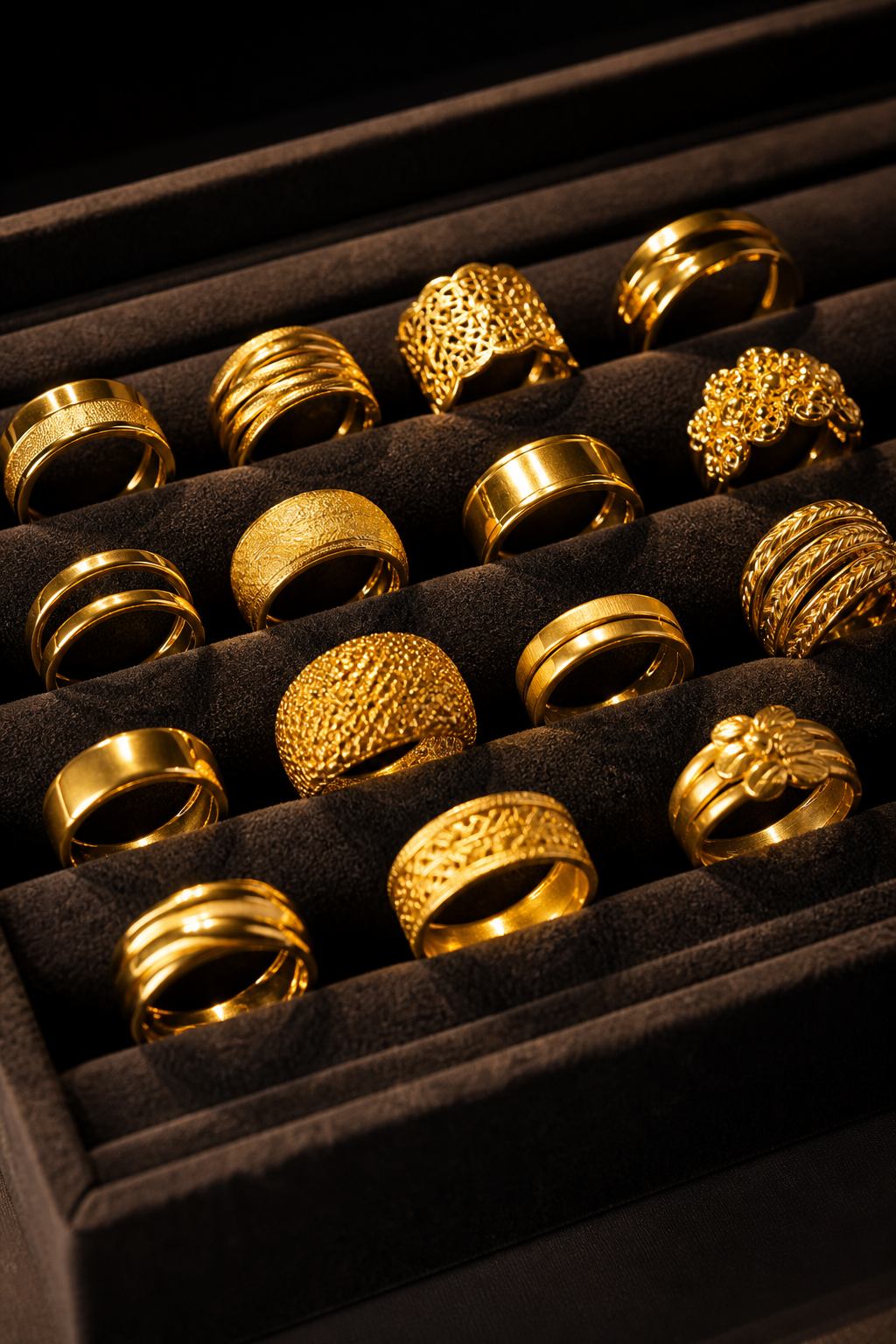 Tray of 18K and 21K gold rings at Aryam's Jewelry, jewelry store in Houston, Texas